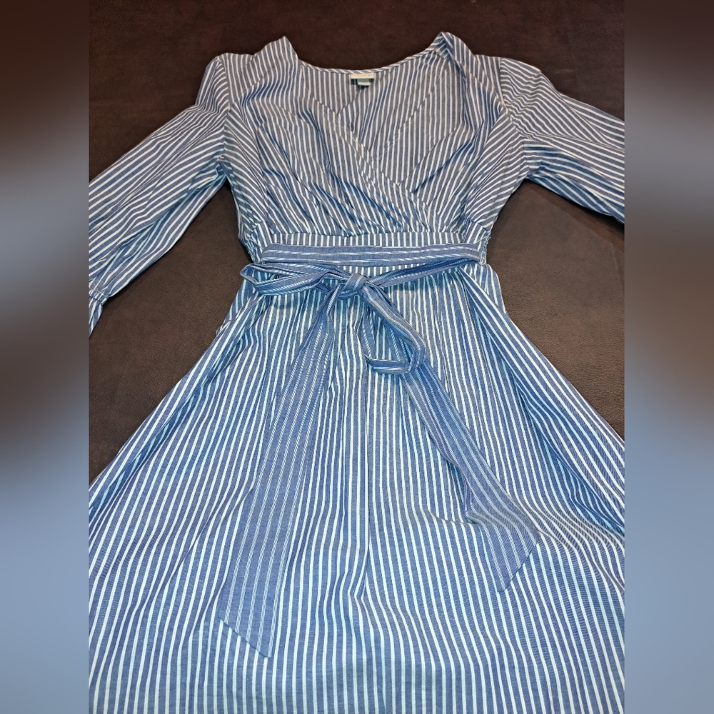A New Day Dress Size S Blue Striped Long Bell Sleeve Faux Wrap V Neck Stretch